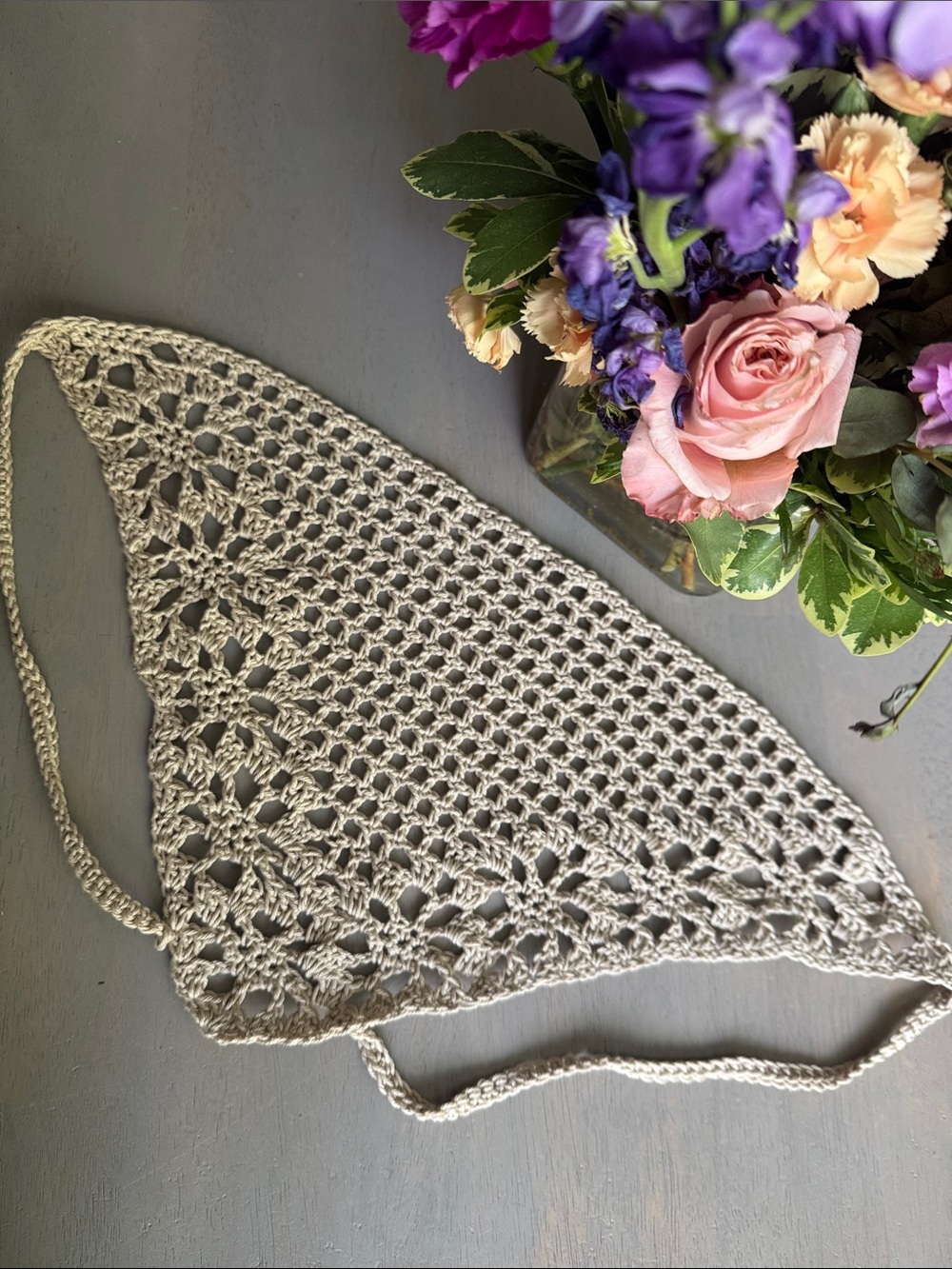 Handmade Crochet Bandana Hair Scarf  Bohemian Cottage Core - 100% Cotton